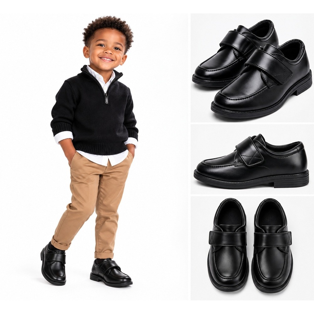 Lito Boys Black Dress‎ Shoes Frank-A Hook and Loop Moc Toe Size 1 NEW